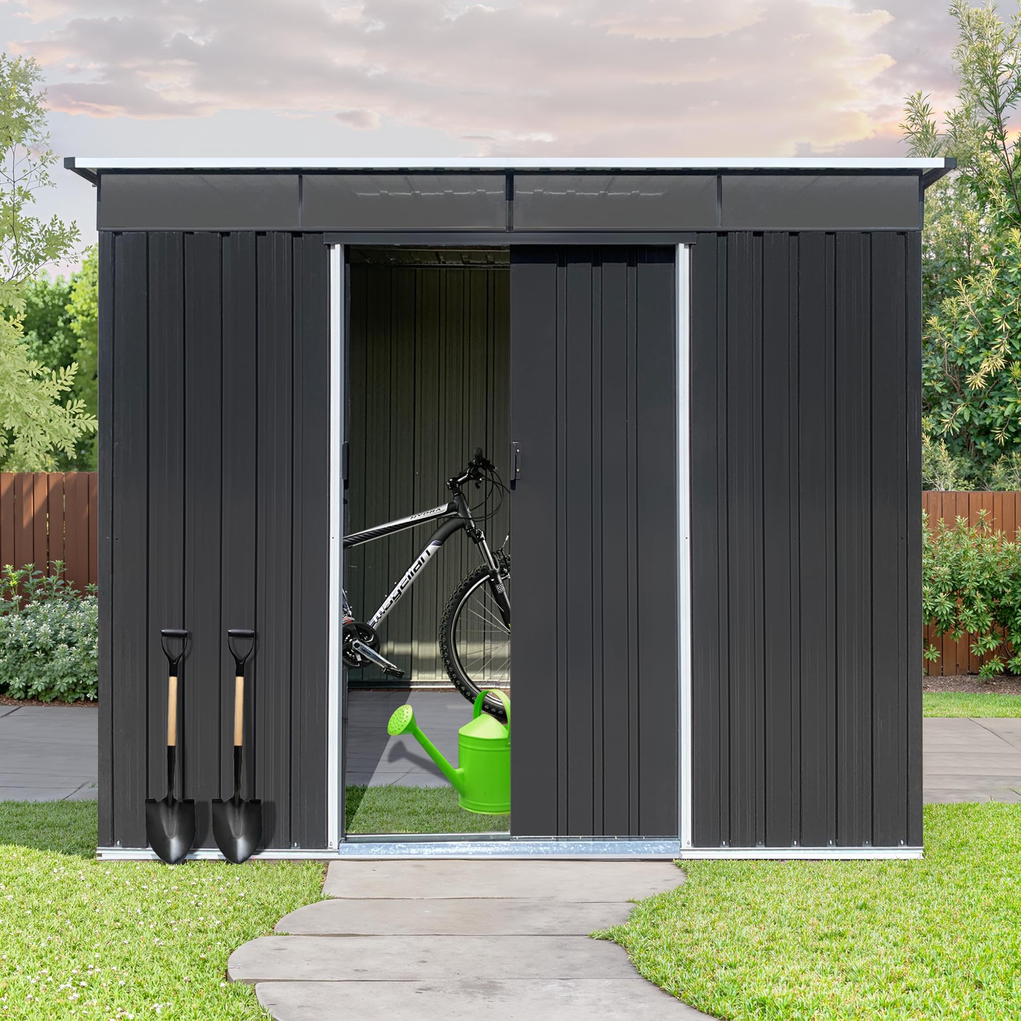 Photo 1 of **SELLING FOR PARTS AS PARTIAL SET. METAL WALL PARTS**tsBAXT904476
Lyngins 8x6 FT Outdoor Storage Shed, Metal Tool Shed with Lockable Sliding Doors & Slooping Roof, Garden Shed with Clear Windows for Backyard Garden Patio Lawn, Gray