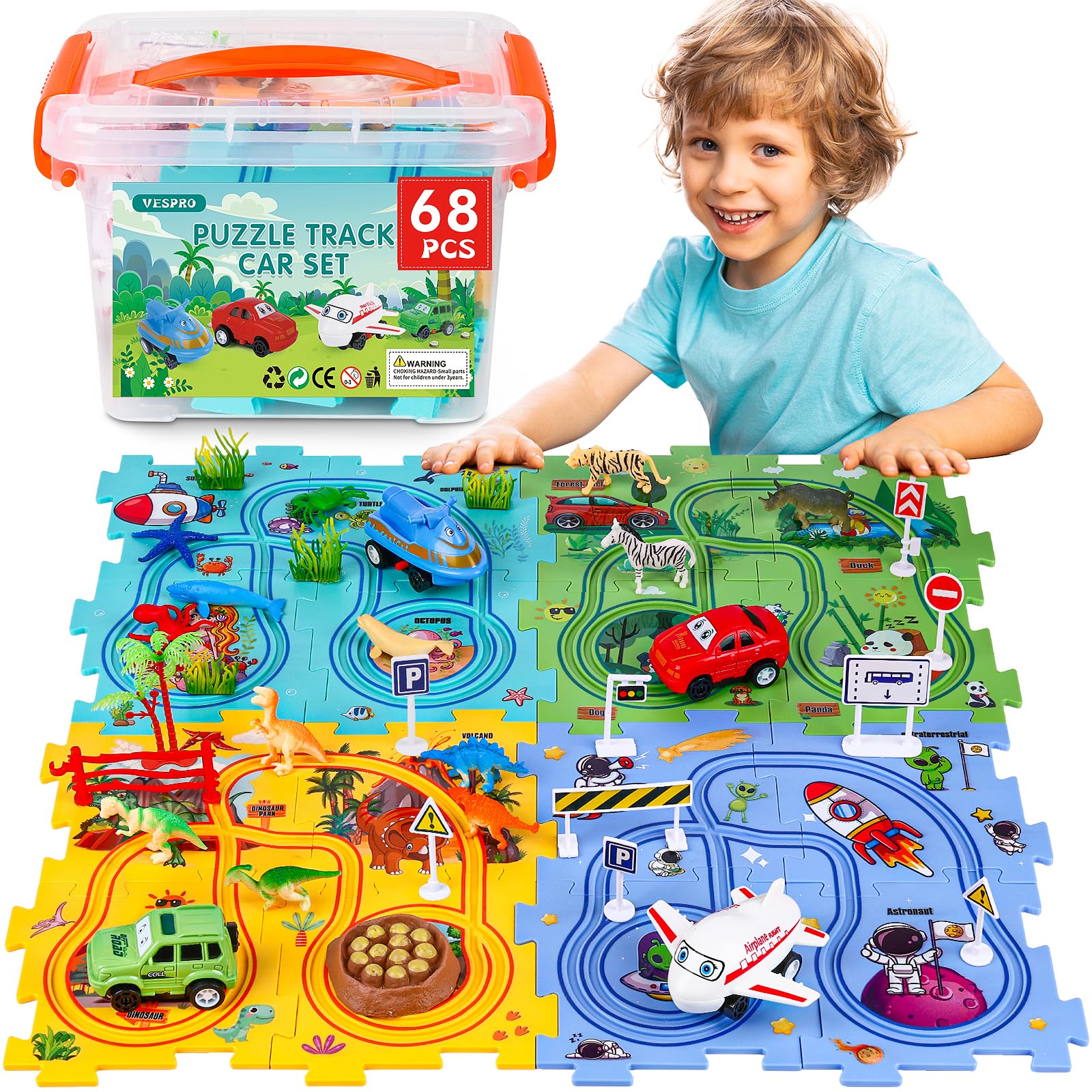 Photo 1 of VESPRO 4 Series Toddler Car Track Set, 68PCS Kids Car Track Play Set, Educational Puzzle Toys for Kids Ages 3+ Boys and Girls