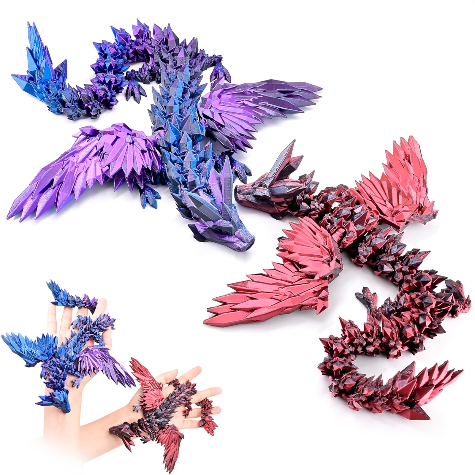 LOCYFENS 2 Pack 3D Printed Dragon with Wings Flying Dragon, Articulated 3D Dragon Toys, 3D Printed Crystal Wing Dragon Without Dragon Egg, Black Red & Black Blue Purple