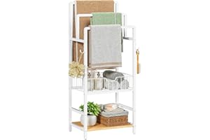 HOOBRO Free Standing Towel Rack, Blanket Rack with 3 Towel Bars, Storage Basket and Shelf, Towel Holder with Hook, Blanket Or