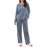 Ekouaer Womens Ribbed Knit Lounge Set Long Sleeve Henley Neck Top and Long Pants Two Piece Soft Sleepwear Matching Outfits