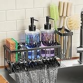 MASADI Kitchen Dish Soap Dispenser Set with Sponge Holder, 12OZ Glass Bottle, Hand and Dish Soap Dispenser Set, Non-Slip Silicone Pad, Brush Holder, Kitchen Sink Organizer Countertop (Black+Clear)
