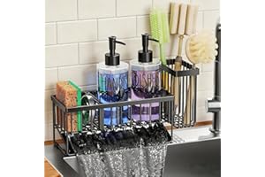MASADI Kitchen Sink Caddy with Hand and Dish Soap Dispenser, 12oz Glass Bottle, Dish Soap Dispenser with Stainless Steel Sponge Holder and High Brush Holder, Kitchen Sink Organizer Countertop