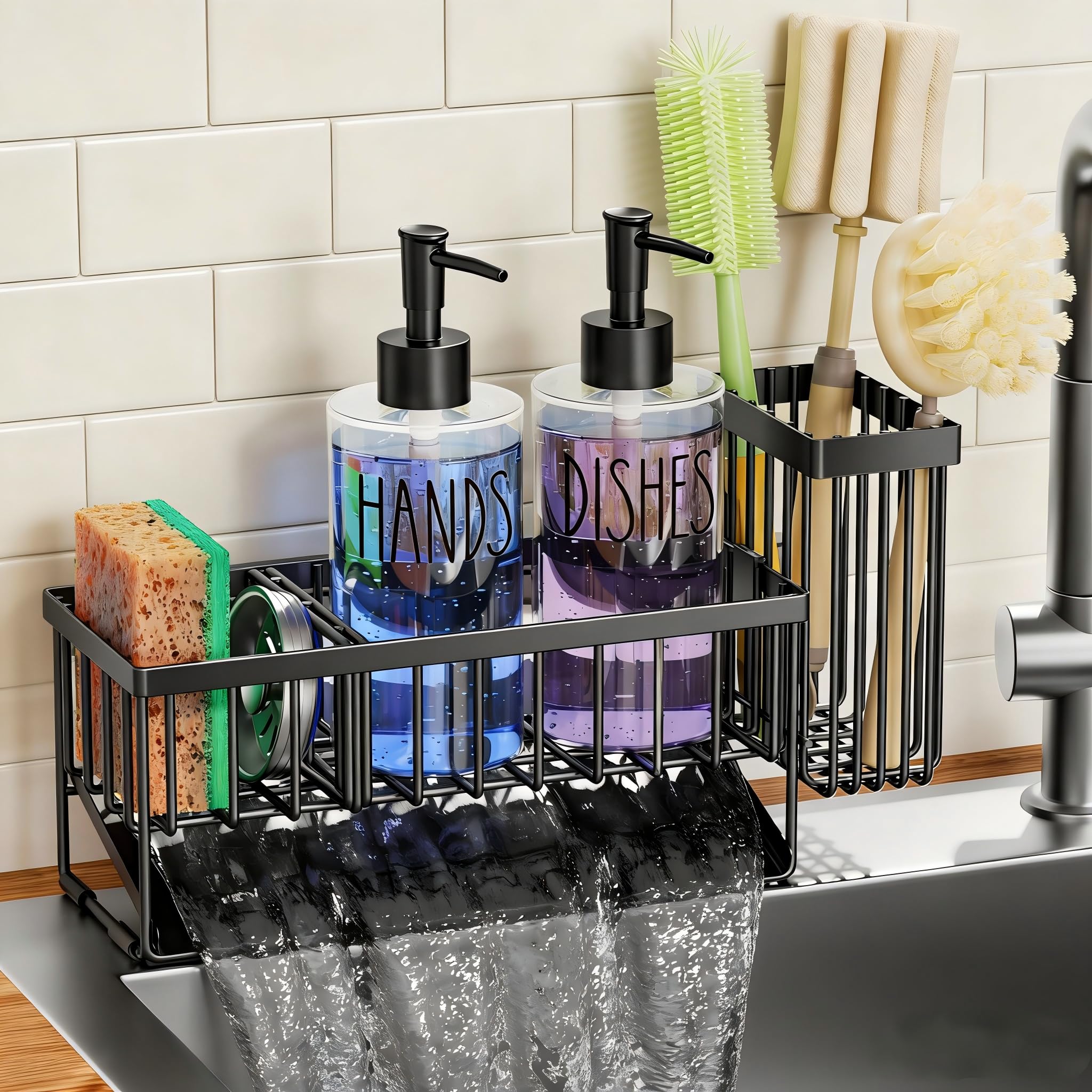 Photo 1 of MASADI Kitchen Sink Caddy with Dish Soap Dispenser Set, 12OZ Glass Bottle, Hand and Dish Soap Dispenser Set, Non-Slip Silicone Pad, Brush Holder, Kitchen Sink Organizer Countertop (Black+Clear)