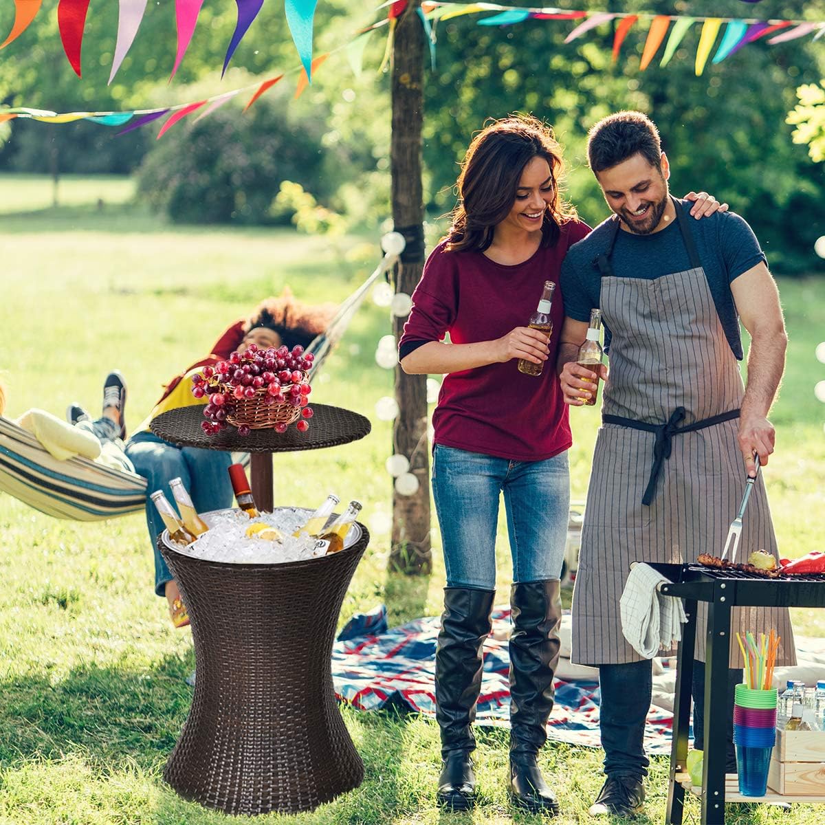 Giantex Outdoor Cool Bar Rattan Style Patio Cool Bar Table Adjustable Height Cocktail Coffee Table for Party Deck Pool Use, Brown: Kitchen & Dining