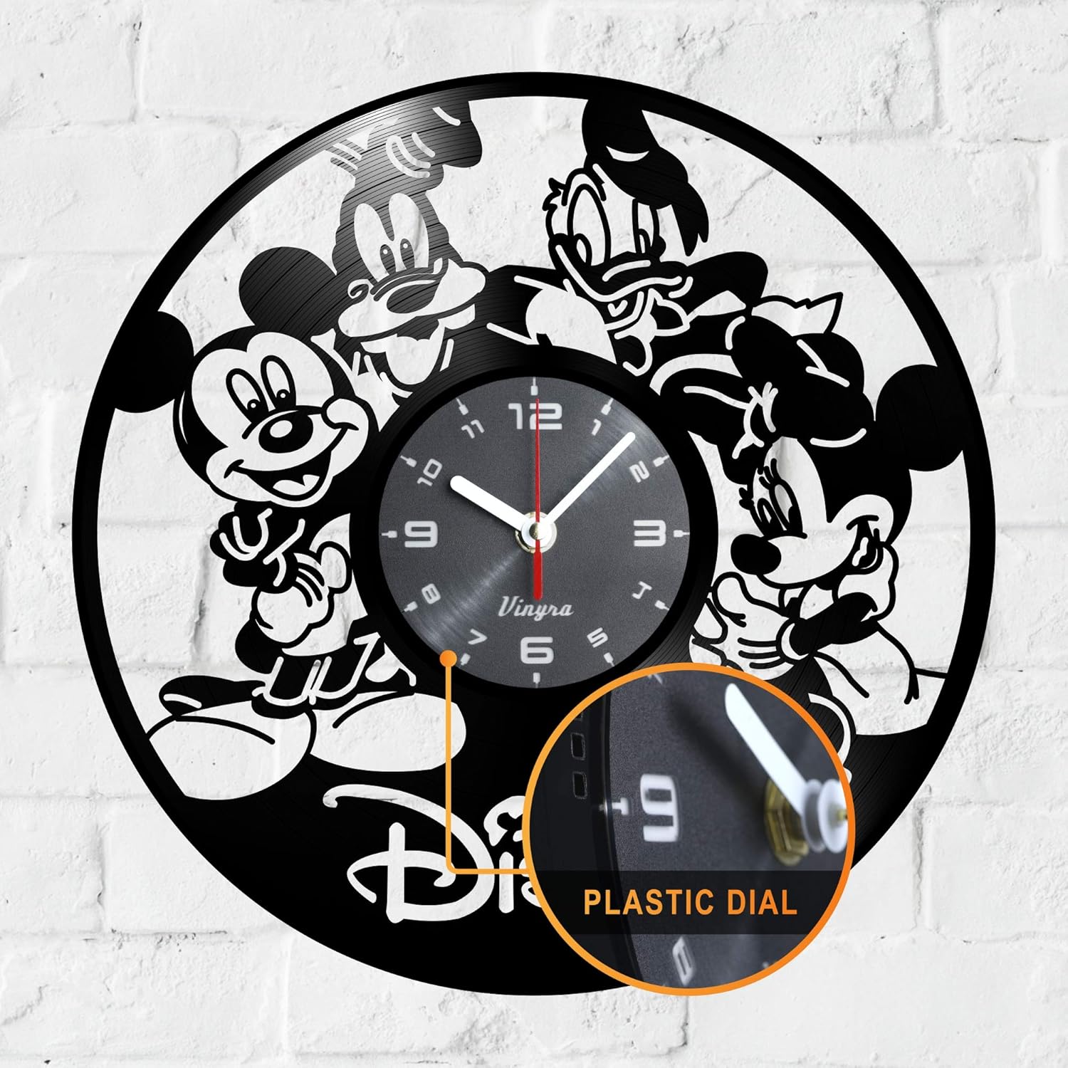 Vinyra Vinyl Wall Clock Compatible with Walt Disney Mickey Minnie Mouse Donald Duck Goofy Themed Home - Kids Gift Idea Cartoon Characters Nursery Decoration Wall Art Decor Room 12” LP Record Black