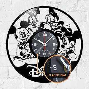 Vinyra Vinyl Wall Clock Compatible with Walt Disney Mickey Minnie Mouse Donald Duck Goofy Themed Home - Kids Gift Idea Cartoon Characters Nursery Decoration Wall Art Decor Room 12” LP Record Black