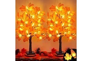 ENVOTEK 2 Pack 24 Inch Artificial Lighted Fall Maple Tree Thanksgiving Decorations with 48 LEDs Battery Operated Timer Prelit Acorn Maple Tree Lights for Thanksgiving Table Decor Home Indoor Autumn Harvest