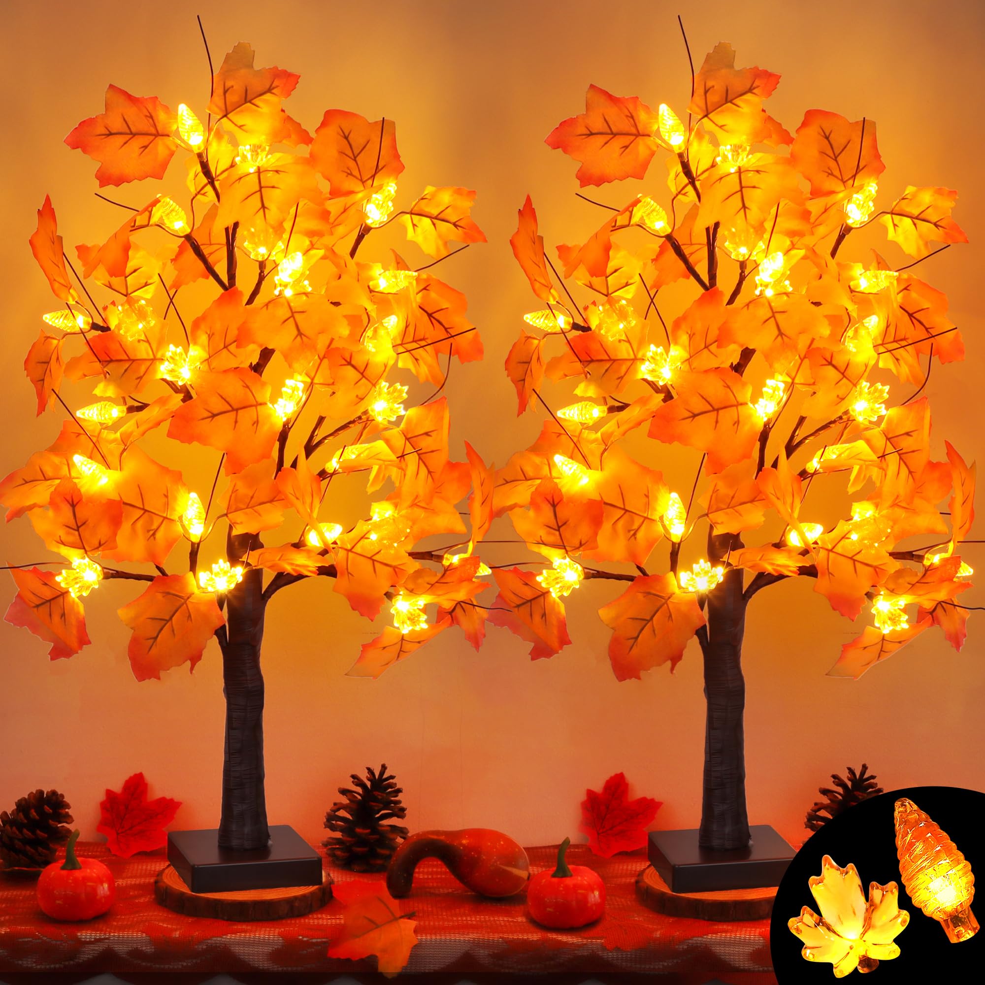 Photo 1 of 2 Pack 24 Inch Artificial Lighted Fall Maple Tree Thanksgiving Decorations with 48 LEDs Battery Operated Timer Prelit Acorn Maple Tree Lights for Thanksgiving Table Decor Home Indoor Autumn Harvest