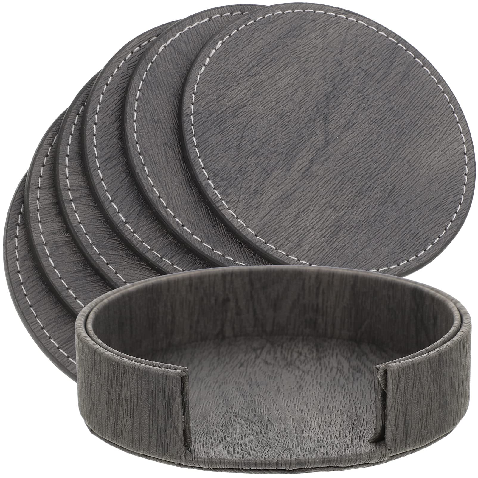 UPKOCH Set of 6 Bone China Anti-Slip Coasters with Storage Rack Double-Sided Dark Grey Cup Mats for Heat Insulation and Furniture Protection in Home and Kitchen