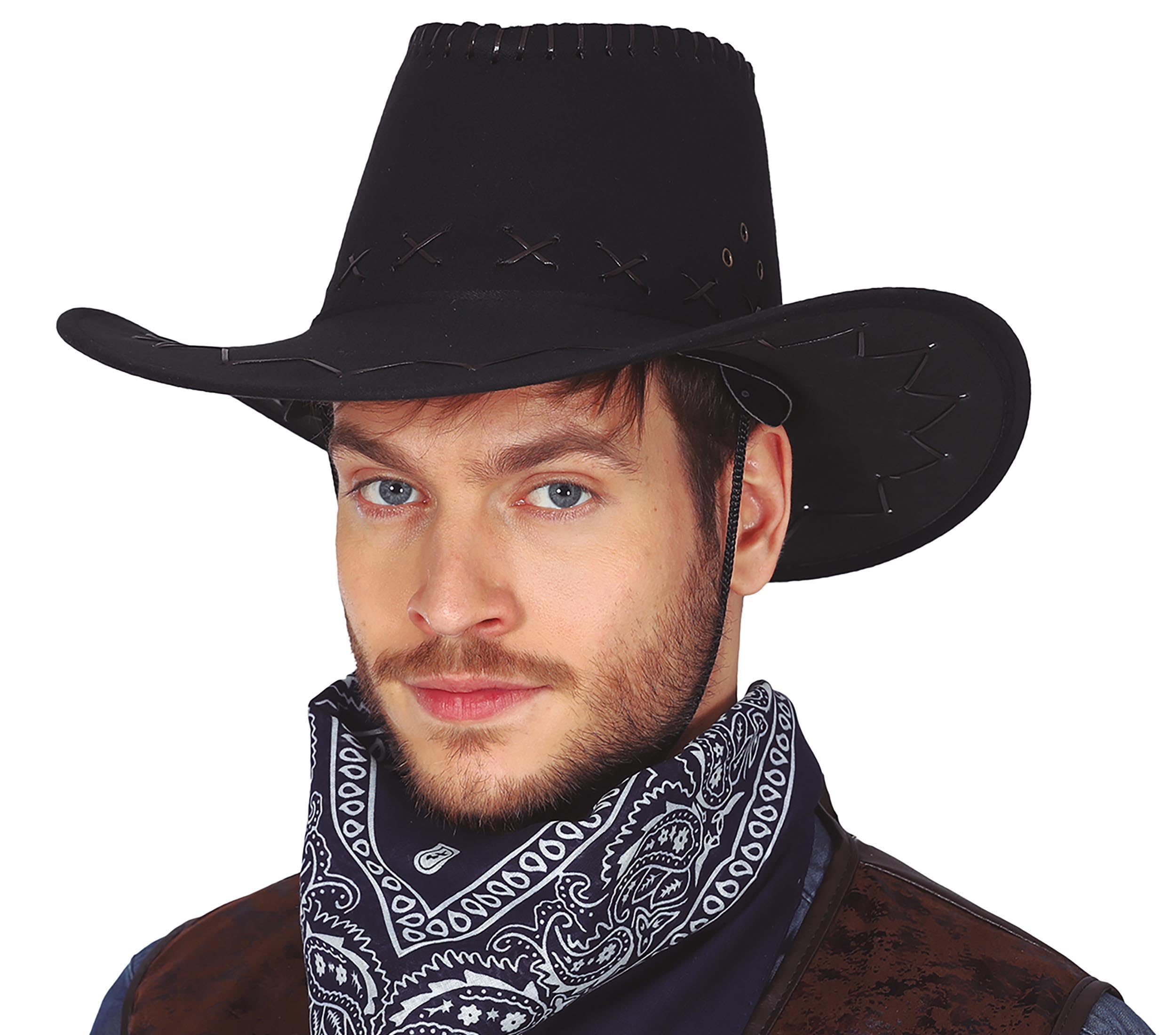 FIESTAS GUIRCA | Faux Leather Cowboy Hat (One Size) - Fancy Dress Accessory for Wild West, Texas and Carnival Parties - Ideal for Cosplay and Halloween - Unisex Adults - Black