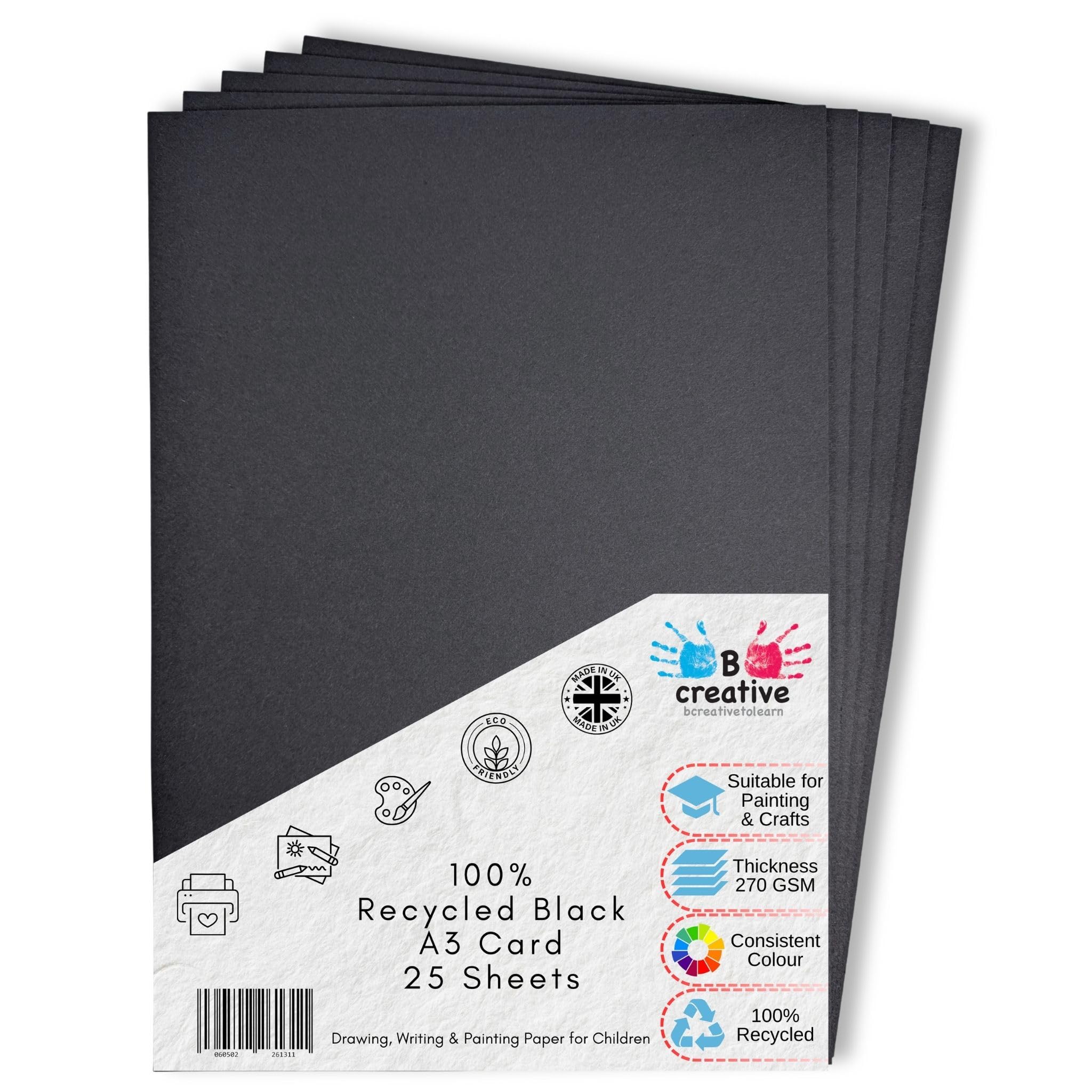 A3 Recycled Black Coloured Card 270gsm Pack of 25 Sheets by BCreative®