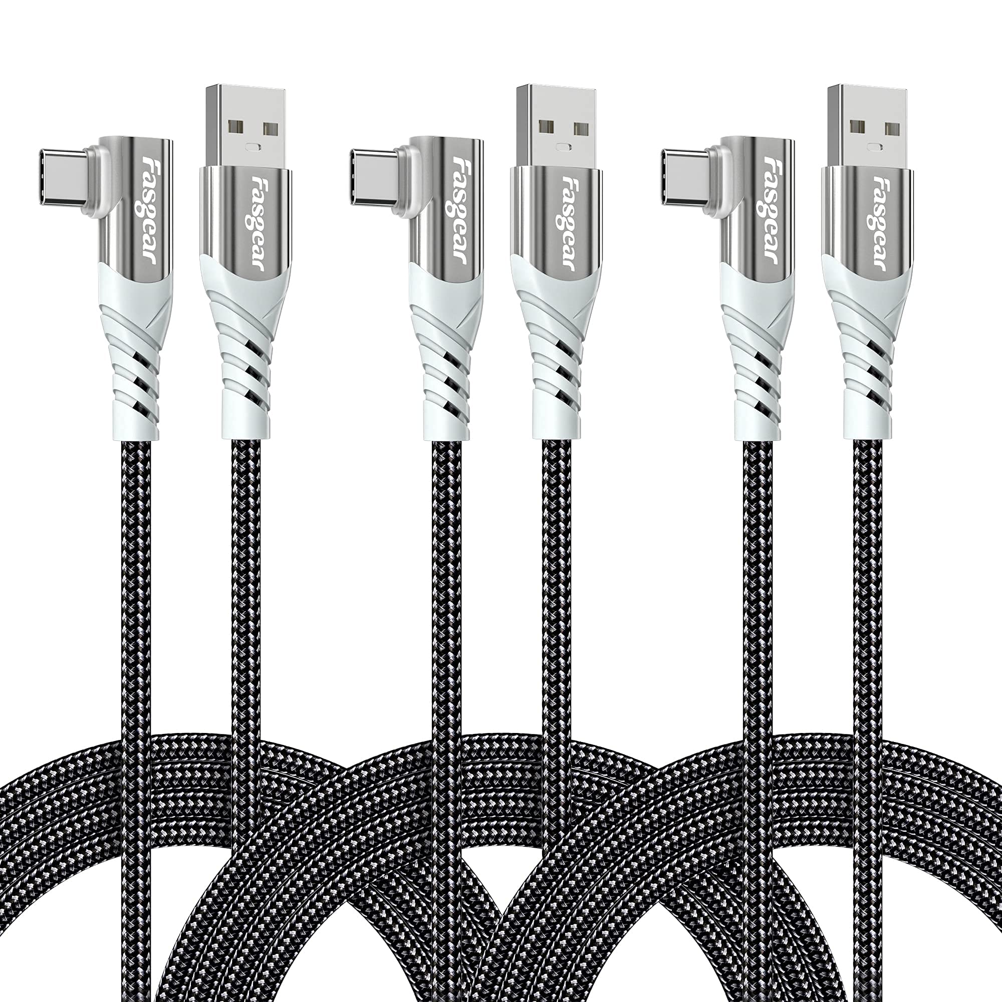 Fasgear USB C 90 Degree Cable: Right Angle Type C Fast Charging Cord Quick Charge Lead Compatible with Sam-sung Galaxy S24 S10 plus S9 S8 A70 A51 | Hua-wei P30 P20 | Red-mi Note 8 (6ft, 3 Black)