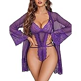 Avidlove Sexy Womens Lingerie Set 2 Piece Lace Teddy with Robe Mesh Bodysuit Nightgown