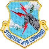 Strategic Air Command SAC Shield Collectible Novelty Embroidered Patch | 3 x 3 inch shield, armored fist with lightning bolts and olive branch, cut edge, iron-on backing. Air Force, Cold War.
