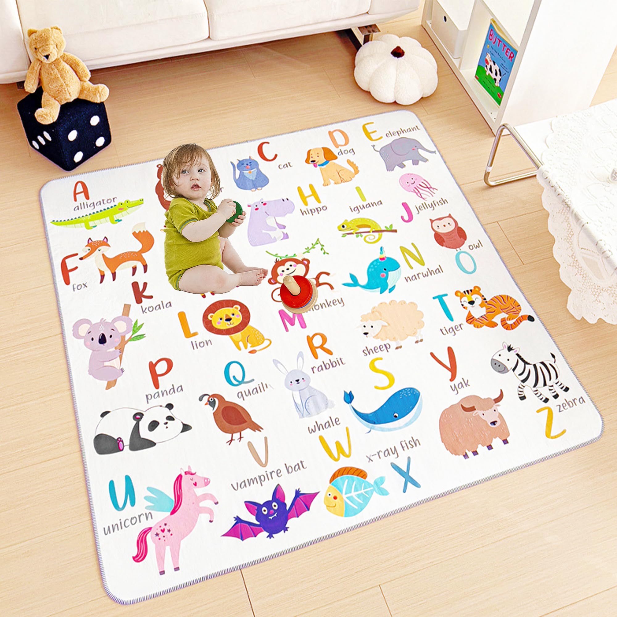 SQAQS Baby Floor Play Mat, Large 130*130cm, 4-Layer Structure, Foldable Play mat for Crawling, Waterproof, NonSlip Baby Crawling Mats, Soft Playmat for Baby's Crawling (letter)