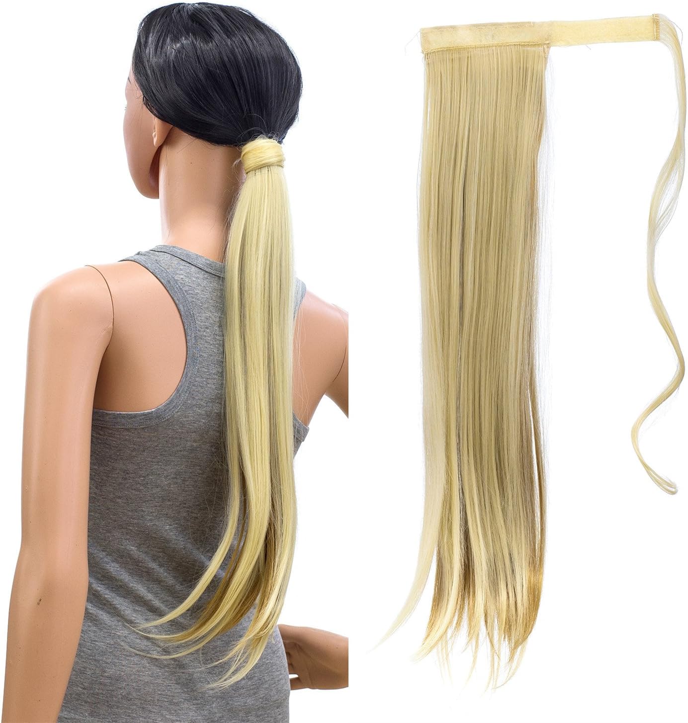 SWACC Women Long Straight/Curly Wavy Wrap Around Ponytail Extension Synthetic Hair Piece Clip in Hair extensions (Straight, Strawberry Blonde/Bleach Blonde Mixed-27/613A#)