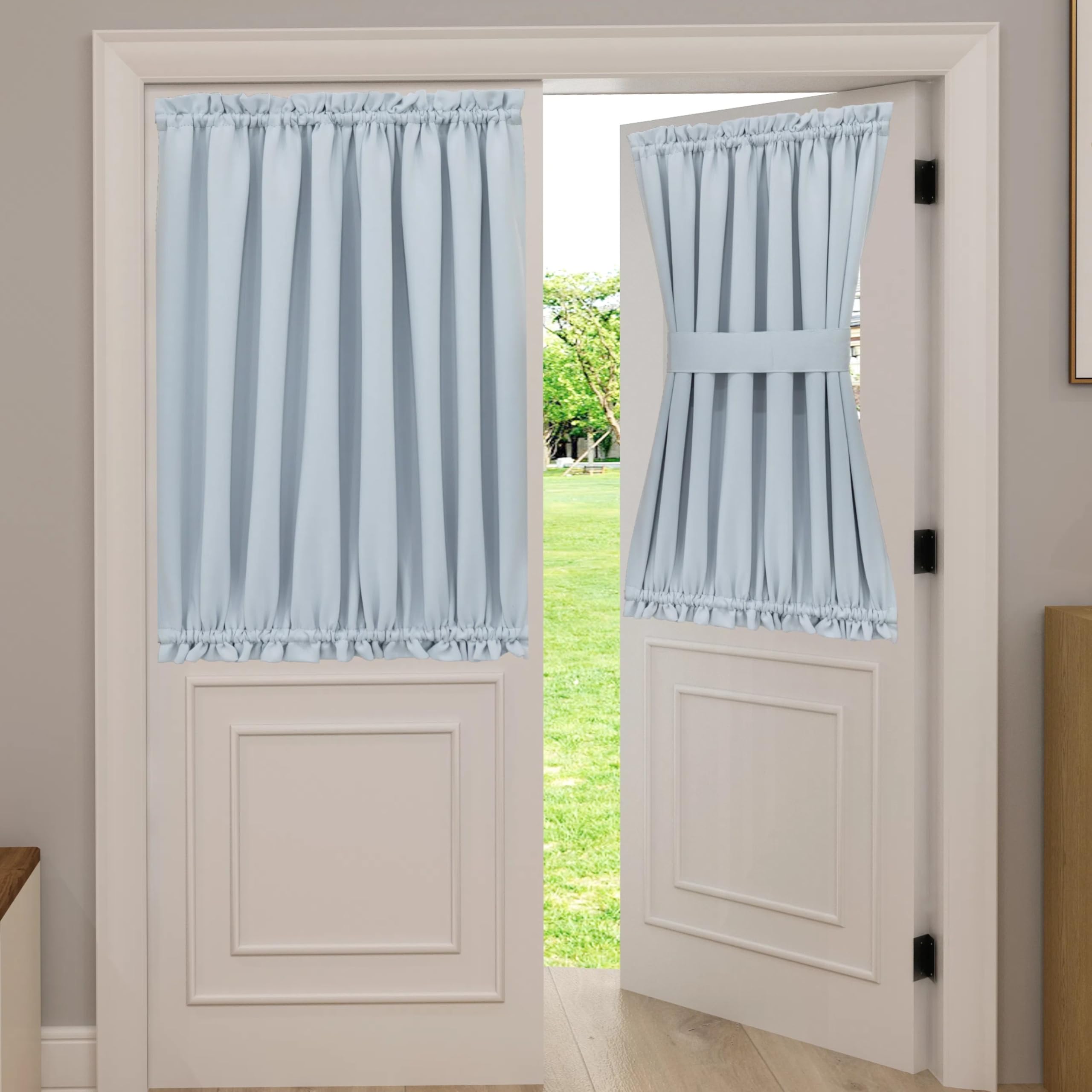 Aquazolax Privacy Curtain for Door Window, Blackout Room Darkening Curtains Draperies with Tieback for French Front Back Kitchen Windows, 54x40 Inch Single Panel, Greyish White