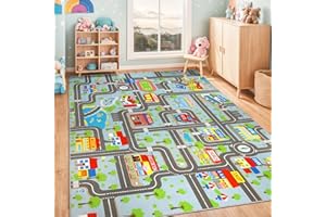VSIWB Kids Carpet Playmat Rug 6'6''x9'8'', Kids Rugs for Bedroom, Non-Slip Town City Road Map Car Rugs for Kids Toy Cars, Track Carpet Play Rug for Playroom Classroom Decor (Sky Blue)