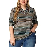 Agnes Orinda Plus Size Tops for Women 3/4 Sleeve Knit Striped Dressy Casual Blouse Asymmetric Neck Fashion t Shirt