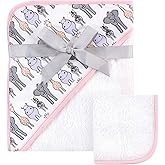 Hudson Baby Unisex Baby Cotton Hooded Towel and Washcloth, Pink Safari, One Size