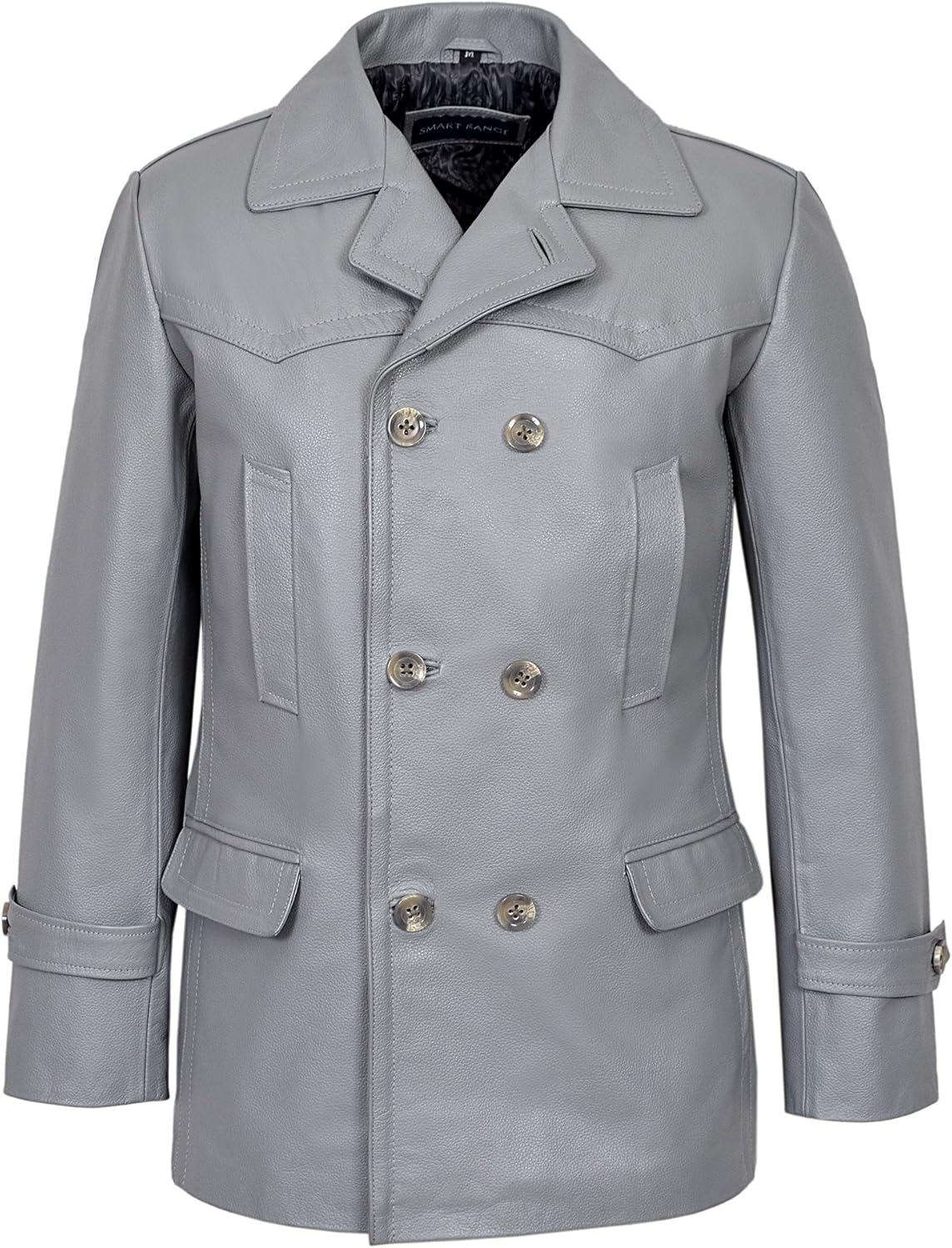 German Pea Coat Grey Dr Who Men's Classic Reefer Military Hide Leather