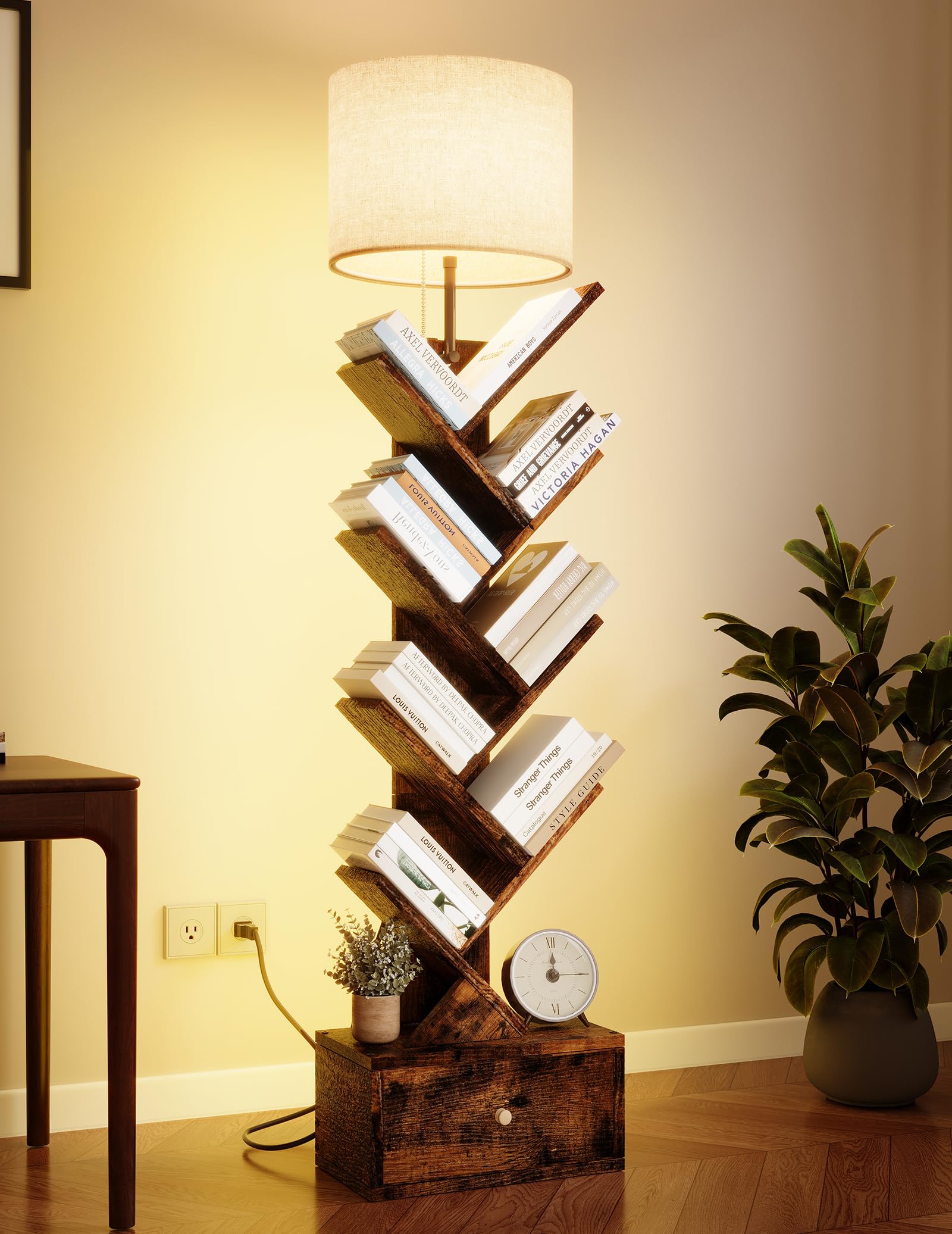 Photo 1 of Yzosvki 9 Tier Tree Bookshelf with Light and Drawer, Floor Standing Bookshelf Storage Organizer for Books/CDs, 9 Shelf Small Bookcase for Bedroom, Living Room, Brown