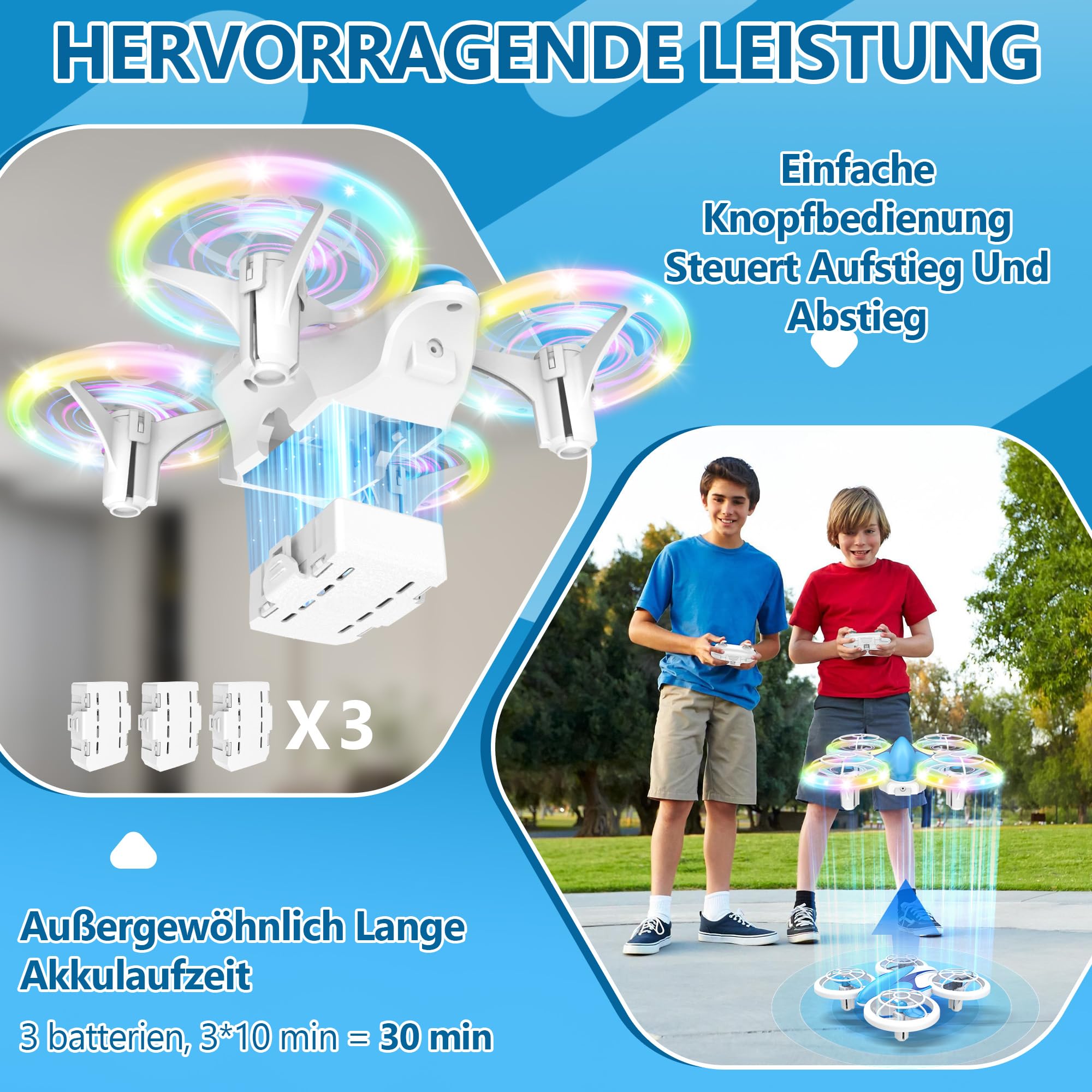 Charmofun Mini Drohne für Kinder Spielzeug ab 6+ Jahre, Mini Drone Set mit 7 LED Lichteffekte, 3 Akkus, Indoor Outdoor RC Drohne mit Höhehalten, RC Flugzeug Geschenke für Jungen Mädchen Anfänger 3