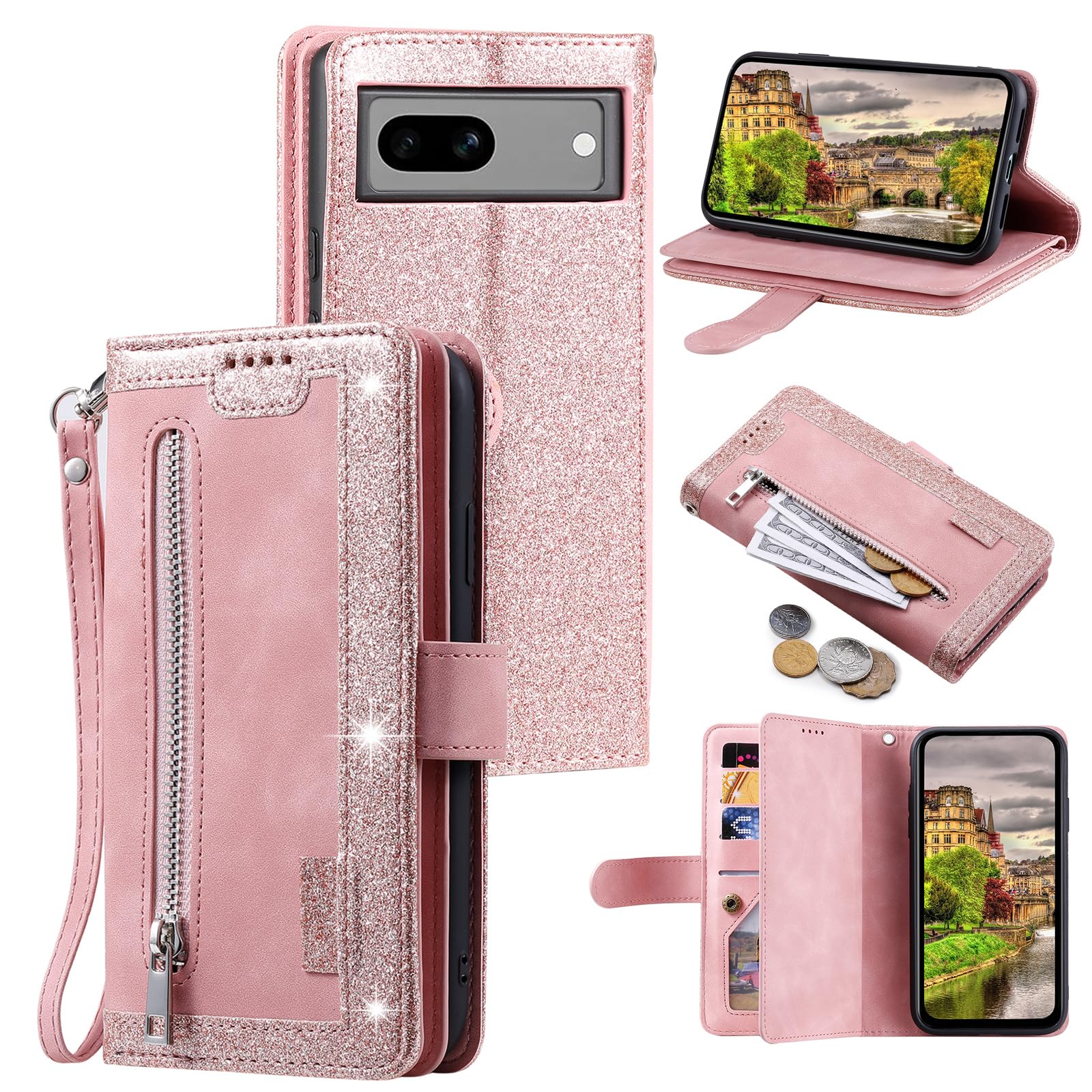 EYZUTAK Wallet Phone Case for Google Pixel 7a, Retro Matte 9 Card Holder Slots Zipper Pocket Case PU Leather Magnetic Closure Kickstand with Wrist Strap Folio Flip Case - Rose Gold