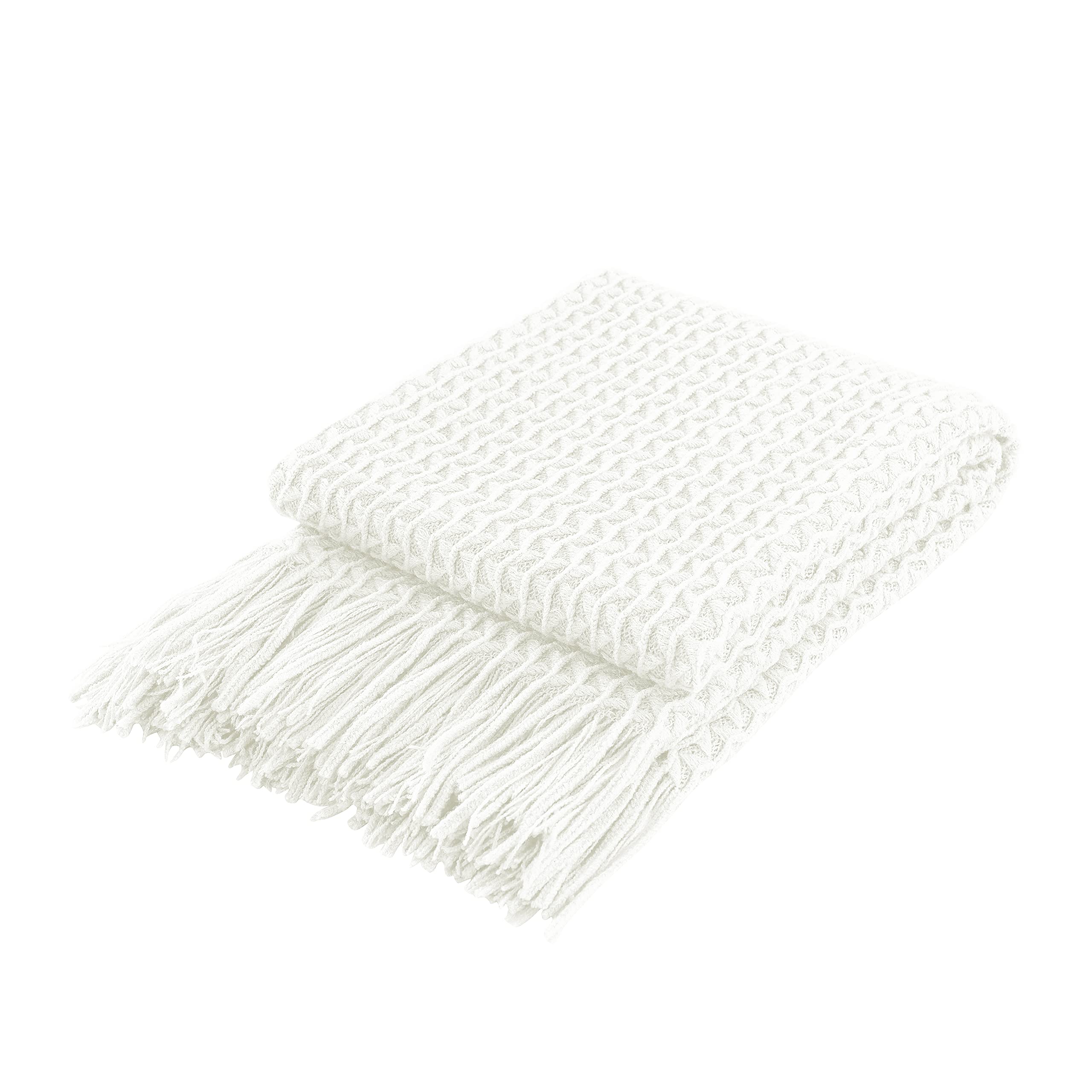 Coastline Super Soft Decorative Knit Throw Blanket for Sofa Couch Chair Bed, Lightweight Travel Blanket Nap Throw, Cashmere-like Soft and Cozy, Delicate Weave Pattern with Fring,Cream,127x152cm