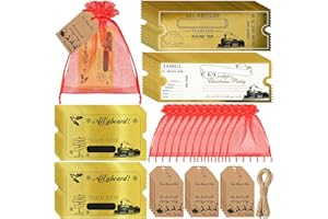 Gisafai 12 Sets Polar Stickers Golden Tickets Bulk Polar Christmas Decorations Believe Bell Santa Sleigh Bell Invitations Xmas Gifts Train Party Supplies Favors Stuffers Organza Bags Tags (Red)
