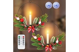 NOMFIX 2Pack Christmas Wreaths for Front Door with Timer & Flickering LED Taper Candles & Remote, 16'' Windows Wreaths, Fireplace Christmas Decorations