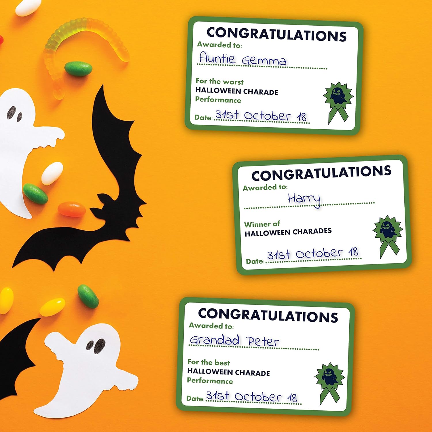 HALLOWEEN CHARADES - Unlimited Players Theatrical Fun for Halloween Decoration, Party Supplies, Games, Green, A6 - Image 5