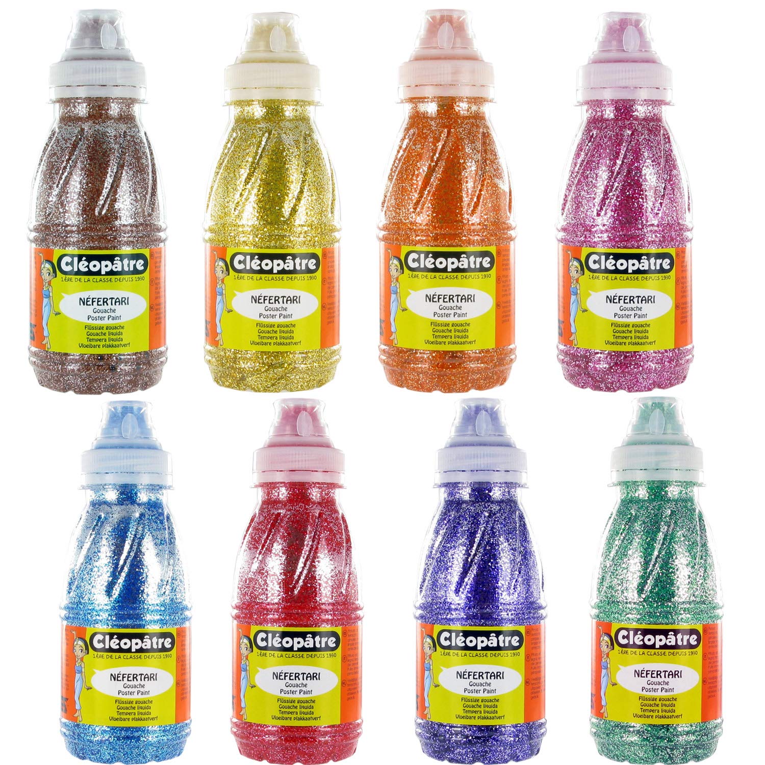 Cléopâtre PP250X8A Glitter Paint, Assorted Colours, 250 ml (Pack of 8)