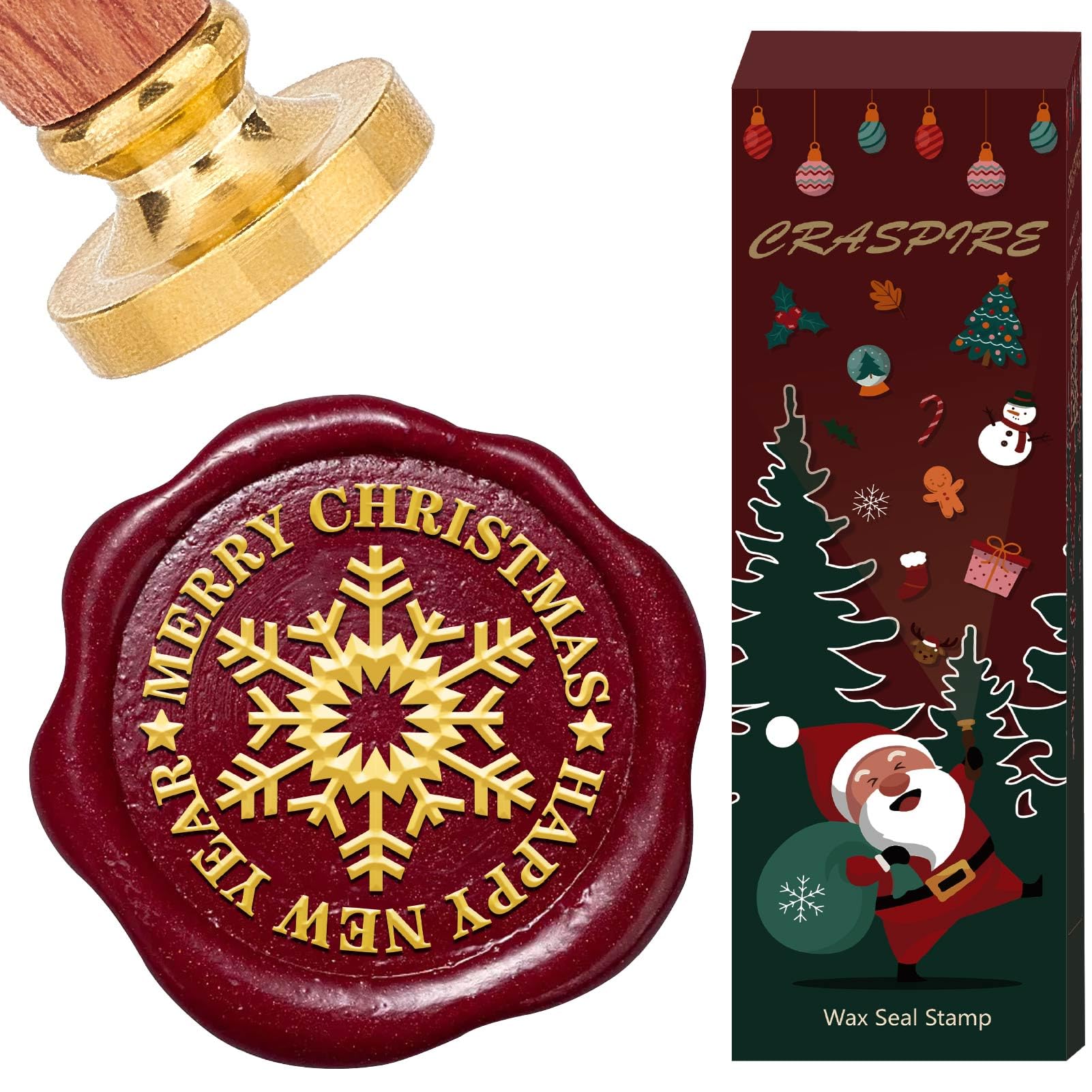 CRASPIRE New Year Wax Seal Stamp Christmas Sealing Wax Stamps 30mm Removable Brass Head Winter Snowflake Pattern with Wooden Handle for Letters Wedding Party Embellishment Gifts Packing Wrapping