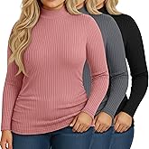 Riyiper 3 Pack Women's Ribbed Plus Size Mock Turtleneck Tops, Long Sleeve Slim Fit T-Shirts Pullover Sweater Basic Layer Top