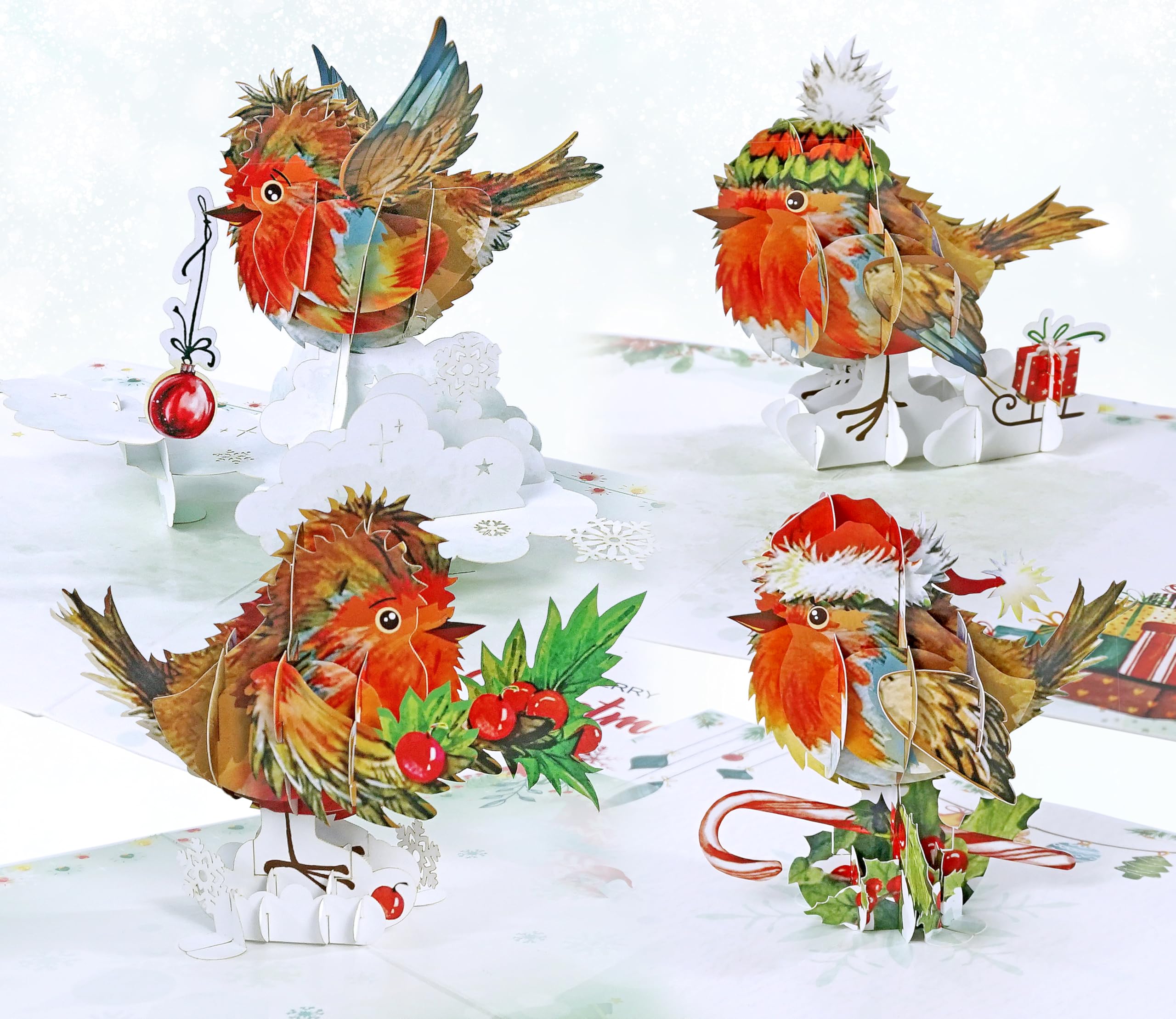CUTPOPUP Pack 4 Robin Merry Christmas Cards 2025, Pop Up Christmas Cards w Envelope, 3D Xmas Card, Holiday Greeting Card Gifts for Her Him Wife Husband Family Son Mum Dad (4Pack Robin) US8-SET2UK