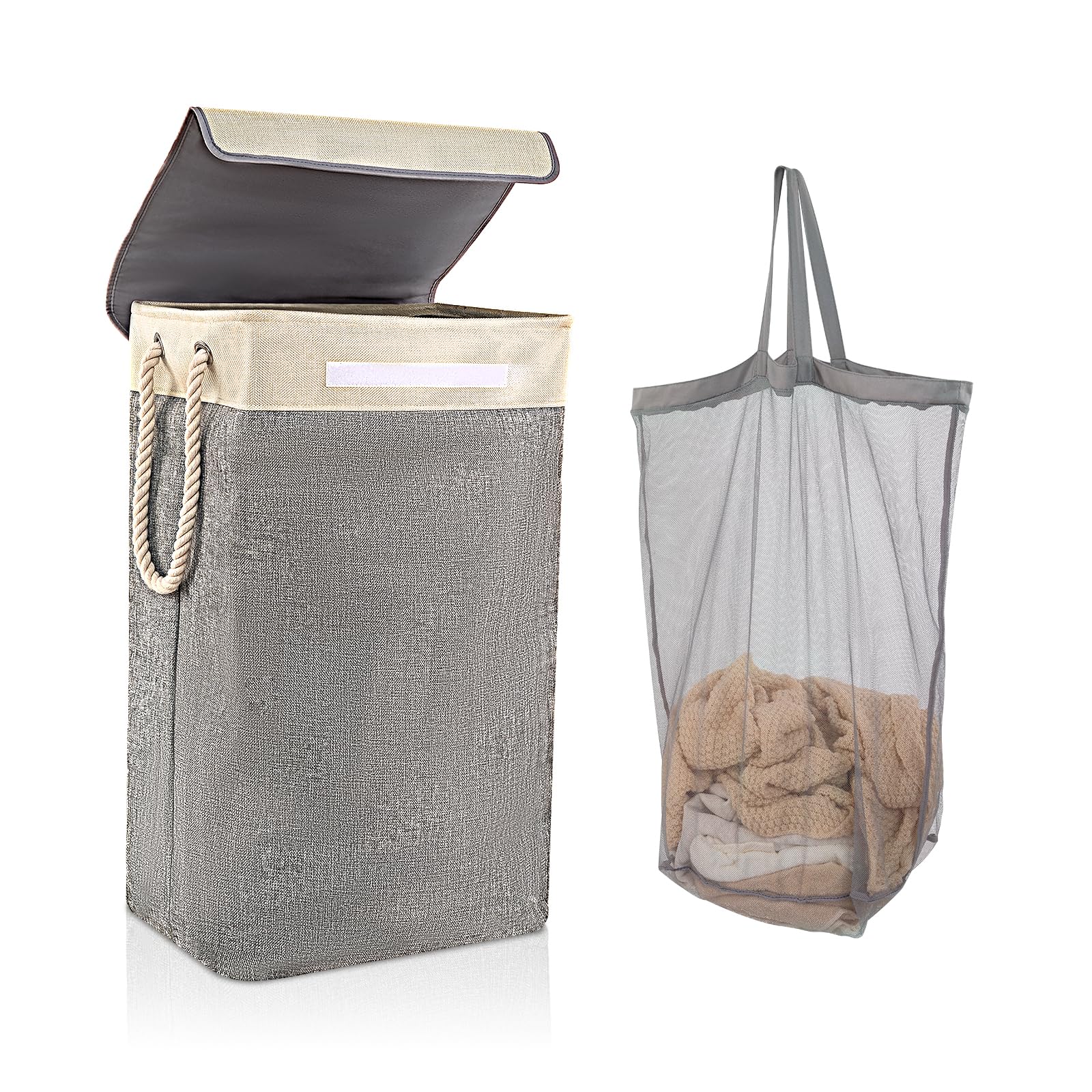 BrilliantJo Laundry Baskets with lid 84L, upgrade Large Collapsible Linen Laundry Hamper with Removable Inner Bag Washing Basket with Handles, Laundry bin, 60H x 42Lx 31W cm, Beige+Grey