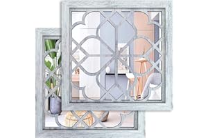 Wocred 2 PCS Square Wall Mirror,Gorgeous Rustic Farmhouse Accent Mirror,Rustic White Color Entry Mirror for Bathroom Renovation,Bedrooms,Living Rooms and More(12”x12”)