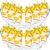 Skylety 12 Sets Sports Plastic Tumbler with Lid and Straw Bow Decorated 24oz Reusable Ball Themed Plastic Cups Sports Gifts for Fan Friend Birthday Ball Team Party Supplies(Yellow,Softball)