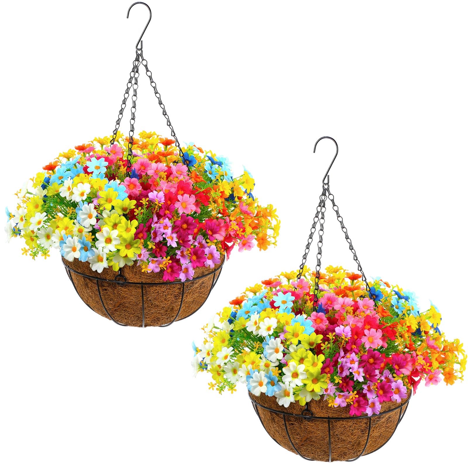 Photo 1 of Lyrow 2 Pcs Artificial Hanging Flowers with Basket for Outdoor Decoration Colorful Fake Faux Plants Flowers for Spring Summer Patio Garden Porch Home Decor(Fresh)