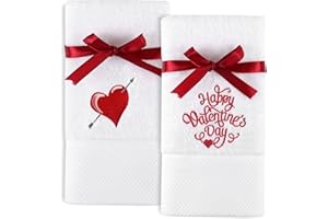 Quera 2 Pack Valentine's Day Hand Towels Heart 100 Percent Cotton Embroidered Premium Luxury Decor Bathroom Decorative Dish Set for Drying, Cleaning, Cooking, 13.7 "X 29.5", White, Red​