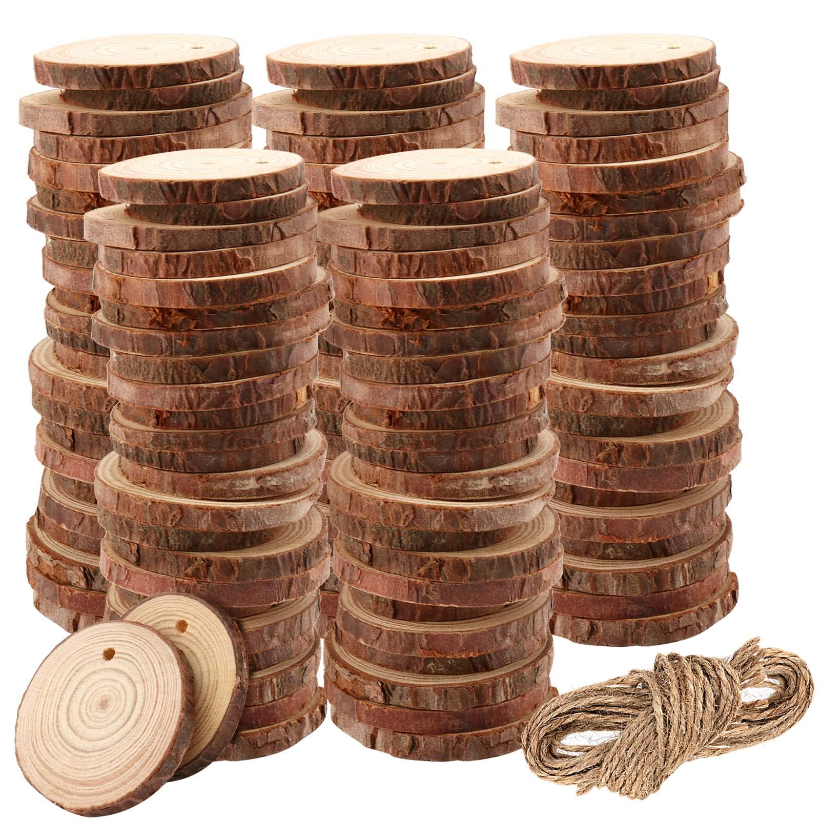 KOHAND 180 Pack Natural Wood Slices, 3-5cm Unfinished Wooden Slices with Holes and 50m Jute Twine, Wooden Circles for DIY Crafts Project, Party Wedding Decorations