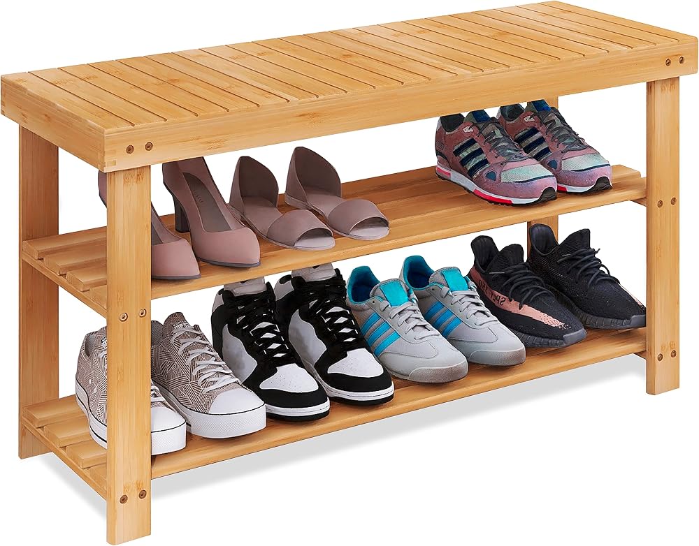 SMIBUY Bamboo Shoe Rack Bench 3-Tier Organizer Natural