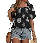 IEEILULU Womens Summer Boho Tops Floral Print Square Neck Loose Fit Blouses Tunic Casual Beach Vacation Shirts