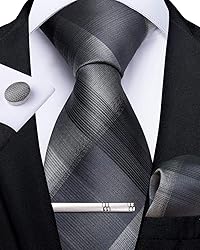 DiBanGu Grey Plaid Tie Men's Formal Tie and Pocket