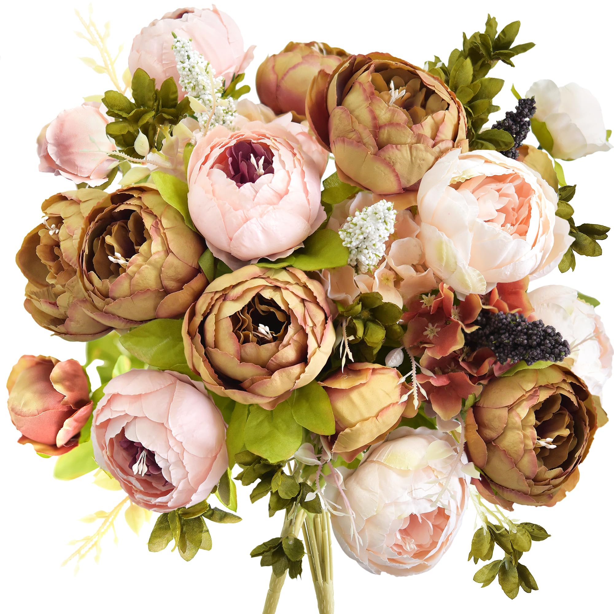 FiveSeasonStuff 2 Bouquet of Peony Silk Artificial Flowers and Hydrangeas/Perfect for Wedding, Bridal, Party, Home, Office Décor (Brown & Nude Pink (2 Bundles))