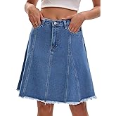 CIMUK Women's Denim Skirt A Line High Waist Flared Raw Hem with Pockets Casual Jean Skirts