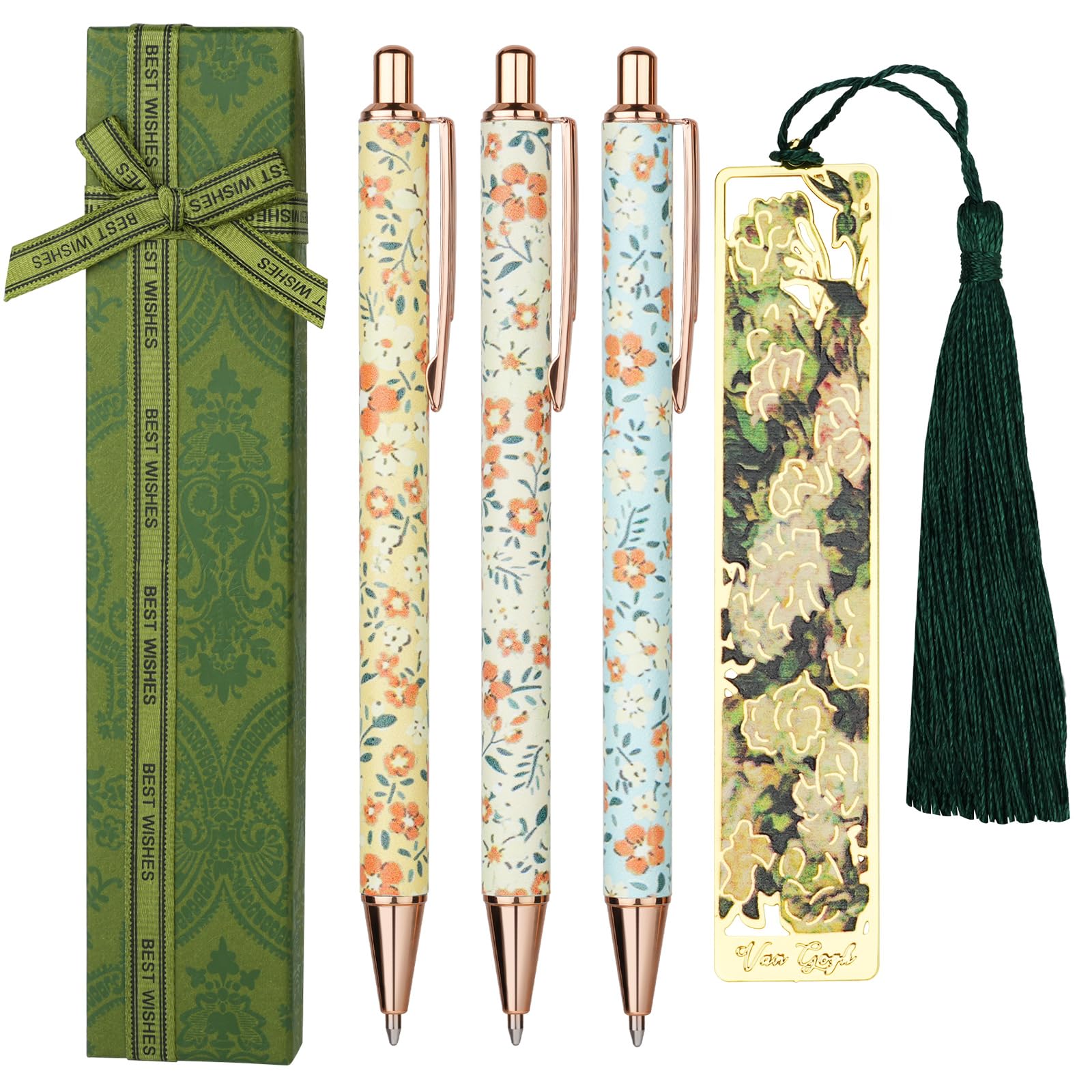 AUAUY 3PCS Floral Ballpoint Pen Set, Personalized Fashionable Retractable Floral Art Ballpoints With 1 Bookmark, Gift Box Black Ink Ballpoint Pen, Graduation Gifts for Student Teacher Colleague