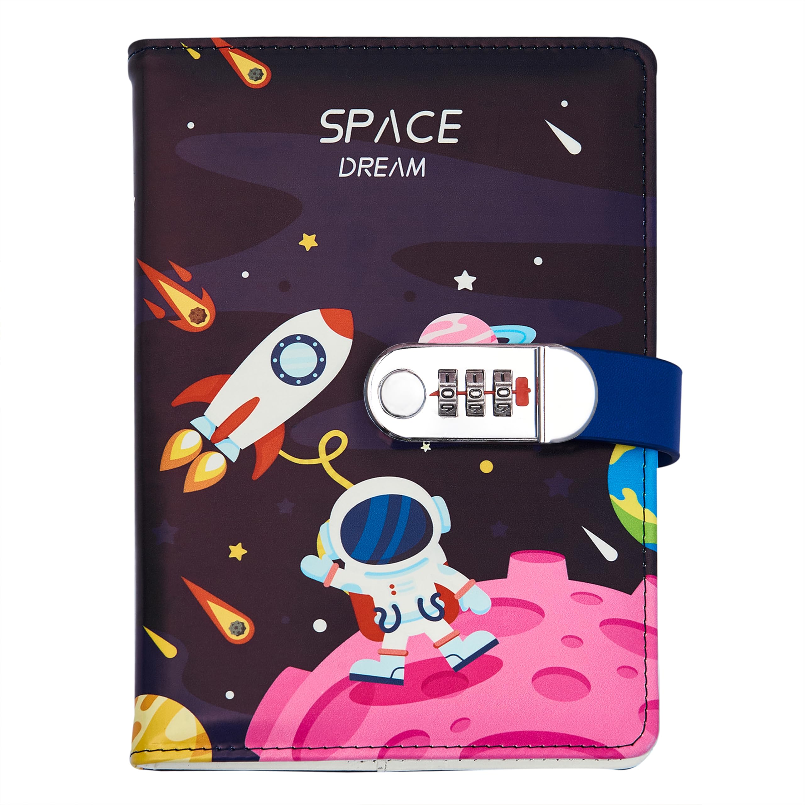 NectaRoy A5 Lockable Diary Travel Journal, PU Leather Space Astronaut Pattern Password Notebook Sketchbook, Office School Supplies Student Stationery Birthday Gift, Pen Holder&Card Slots, 215x145mm